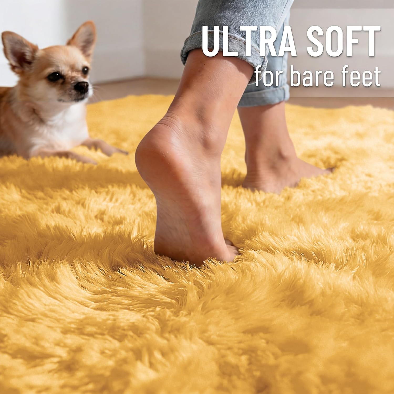 OLANLY Machine Washable 2x5 Runner Rug - Soft Fluffy Shaggy Indoor Carpet for Bedroom & Hallway | Mustard Yellow