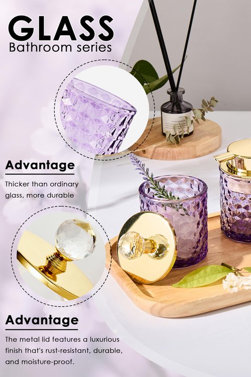 Purple Bathroom Accessories, 4Pcs Purple Bathroom Accessory Set Complete, Toothbrush Holder Set, Soap Dispenser, Qtip Holder, Tumbler, Perfect for Bathroom Decor and Vanity