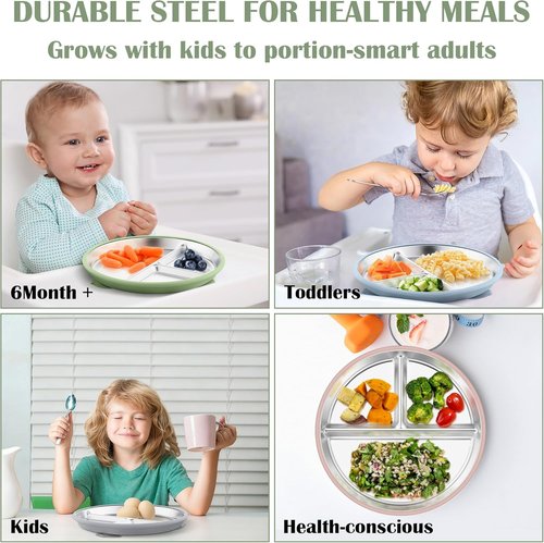 E-far Stainless Steel Toddler Plates - 9" Unbreakable Non-Slip Baby Dishes, 4-Pack with Suction & Silicone Sleeves