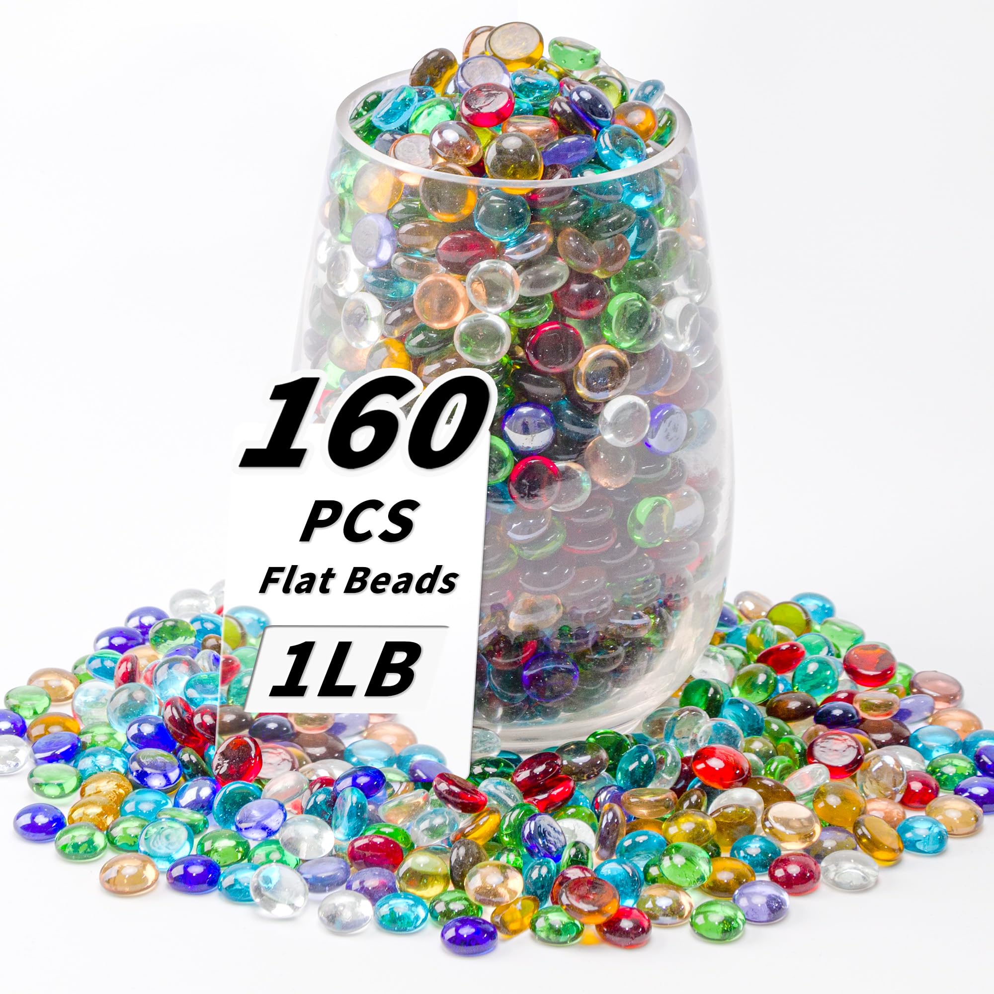 1 LB Mixed Color Flat Glass Beads, 160-180PCS Small Glass Marbles, Mini Flat Round Pebbles for Vase Filler and Floral, Fish Tank Rocks Decorative Gemstones for Home and Aquarium Décor