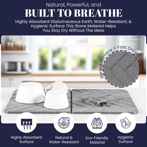 Large Folding Stone Dish Drying Mat for Kitchen Counter – Super Absorbent Diatomite Stone Drying Mat for Dishes, Cups & Bottles – Quick Dry, Space-Saving, Multi-Use Kitchen, Bath & Pet Mat – 23”×15”