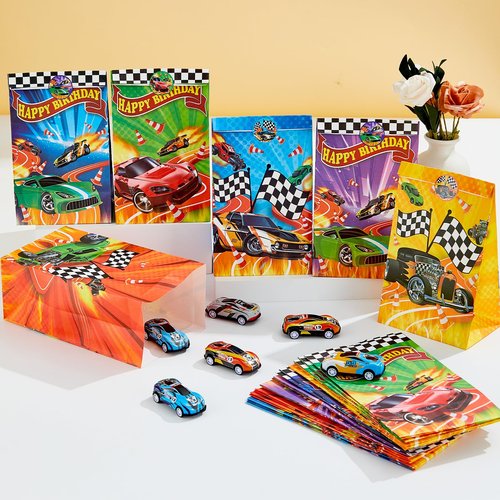 24Pcs Hot Car Birthday Party Supplies Race Car Party Favor Bags with Stickers Colorful Racing Themed Paper Gift Goodie Bags Checkered Flag Race Theme Treat Candy Bag for Kids Boys Birthday Decorations