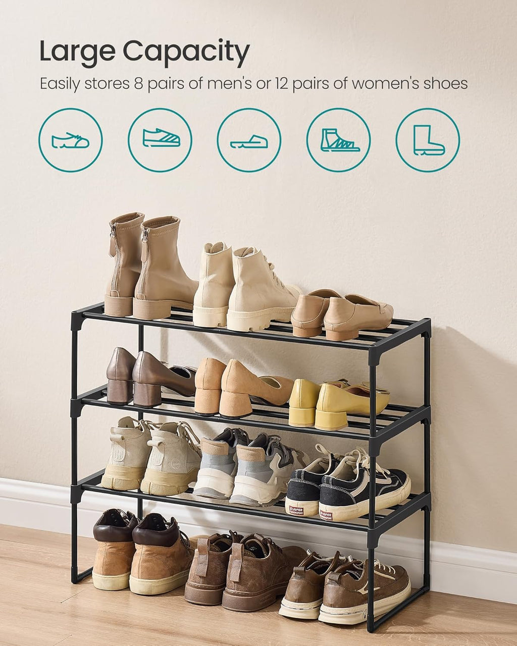 SONGMICS 3-Tier Shoe Rack - Stackable Metal Organizer for 8-12 Pairs | Black, 11.8 x 26.8 x 21.7 Inches