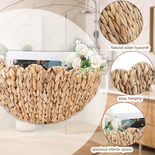 Teenyyou 2 Pack Scalloped Wall Baskets Hanging Baskets Large and Small Decorative Woven Storage Holder for Home Bathroom, 16 x 10.6 x 7 and 14 x 7.9 x 5.7 Inch (Natural,Water Hyacinth)