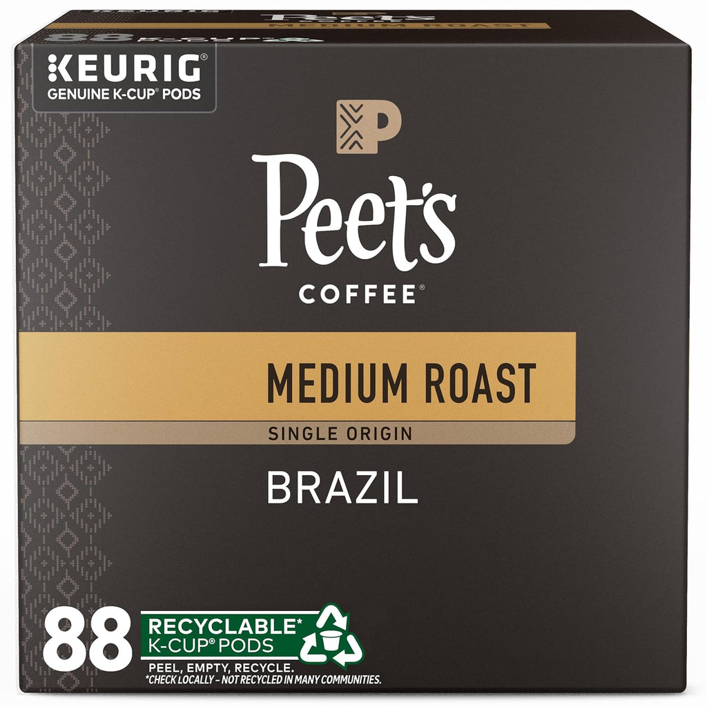 Peet's Coffee Medium Roast K-Cup Pods - 100% Arabica Single Origin Brazil, 88 Count (4 Boxes)
