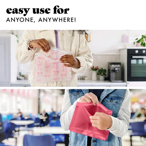 Fit & Fresh Reusable PEVA Storage Bags 3 Pack, Reusable Food Storage Bags, LeakProof Bag, Durable, Reusable Sandwich Bags, Freezer Safe Bags, Hand Wash, Easy to Clean, Eco-Friendly, Pink Bows