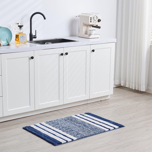 CozeCube Bath mats for Bathroom Non Slip, Fluffy Absorbent Microfiber Bath mat Washable, Aesthetic Bathroom Rugs, Small Navy Blue Striped Bath mat, Navy Blue, 24" x 16"