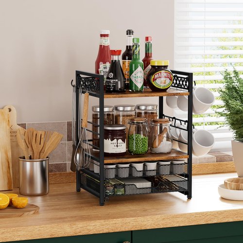 Plaviya Coffee Bar Organizer Countertop Station Shelf, 4 Tier Mug Cup Holder Stand with 12 Hooks, 30 K Cup Coffee Pod Holder, Multifunctional Coffee Shelf Organizer for Accessories Station Kitchen