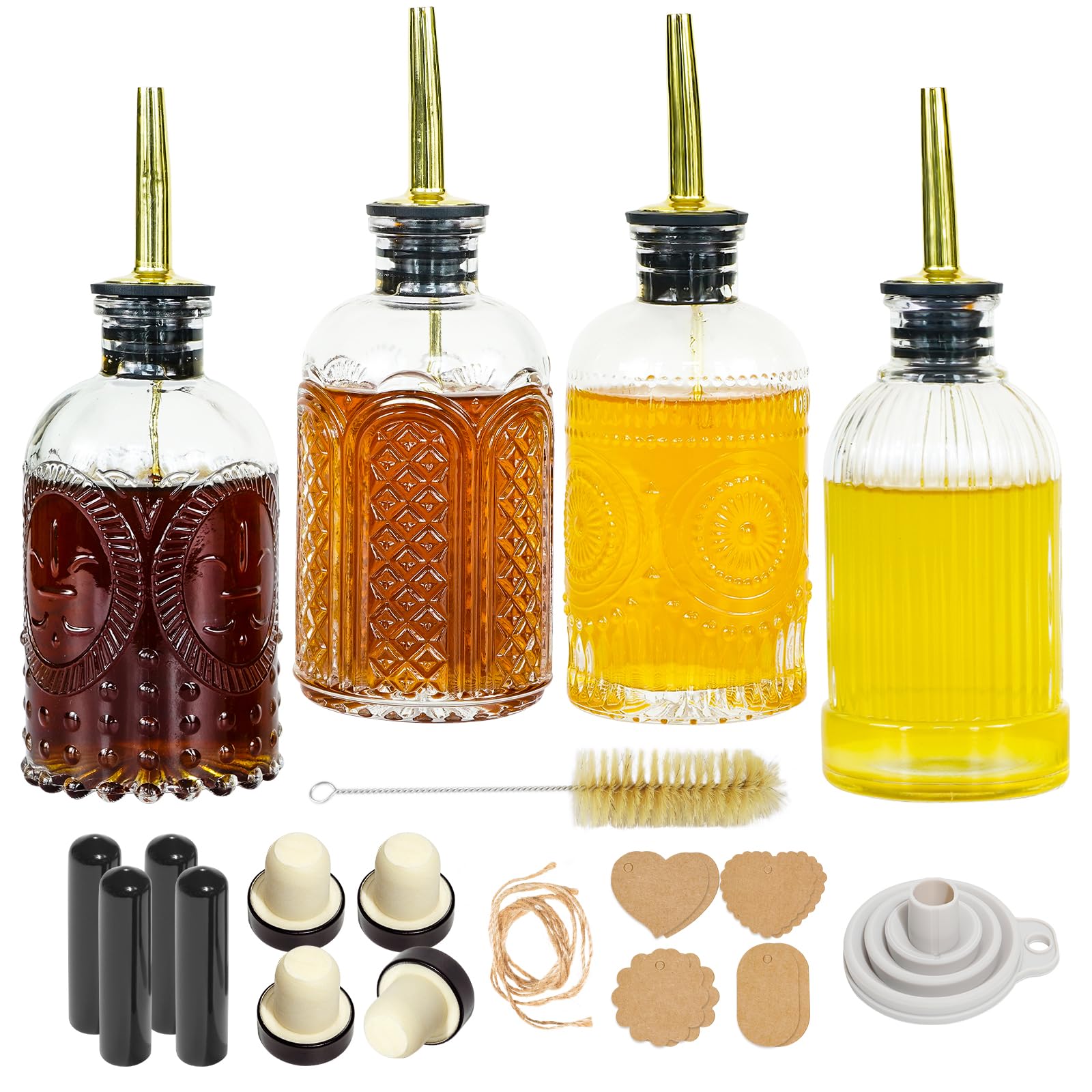 Syrup Dispenser Bottles Set,4 pcs 7oz Glass Coffee Syrup Bottle,Coffee Bar Accessories with Metal Pour Spout Ideal and labels for Coffee Syrups,Coffee bar