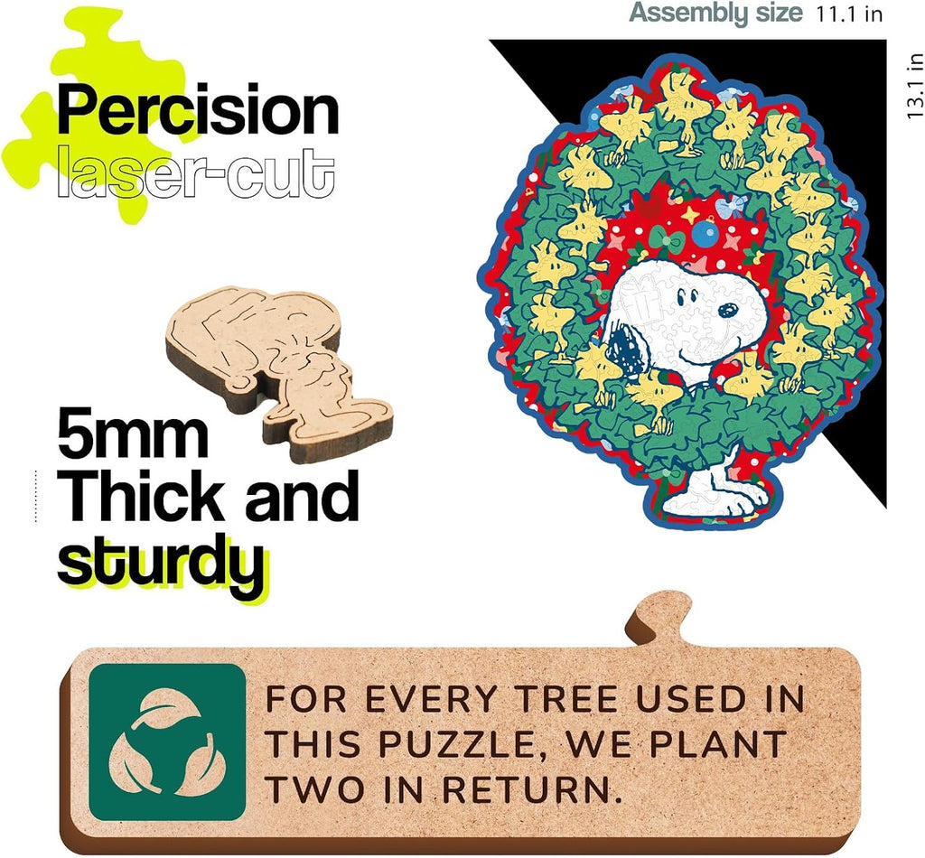Peanuts Christmas Snoopy Puzzle - Unique 200-Piece Wooden Jigsaw with Woodstock Design | 11.1" x 13.1" - Officially Licensed