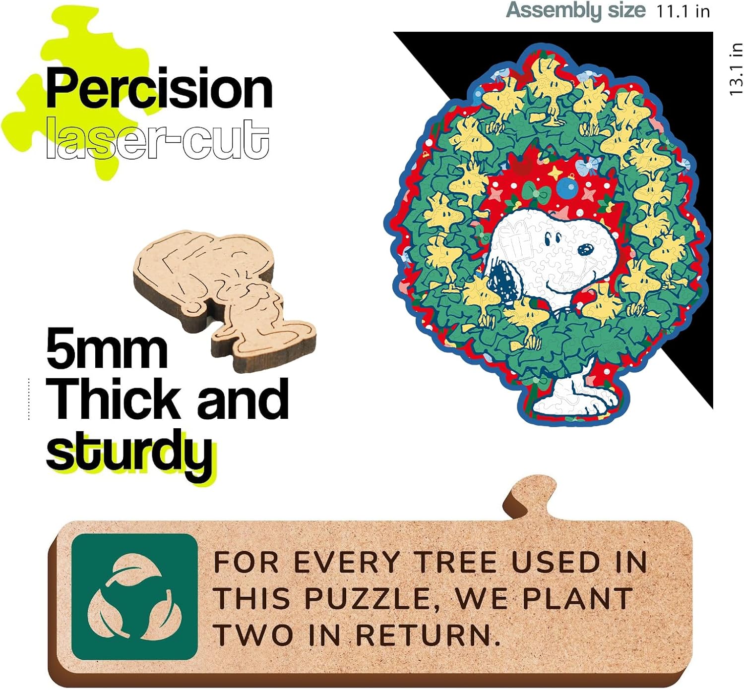 Peanuts Christmas Snoopy Puzzle - Unique 200-Piece Wooden Jigsaw with Woodstock Design | 11.1" x 13.1" - Officially Licensed