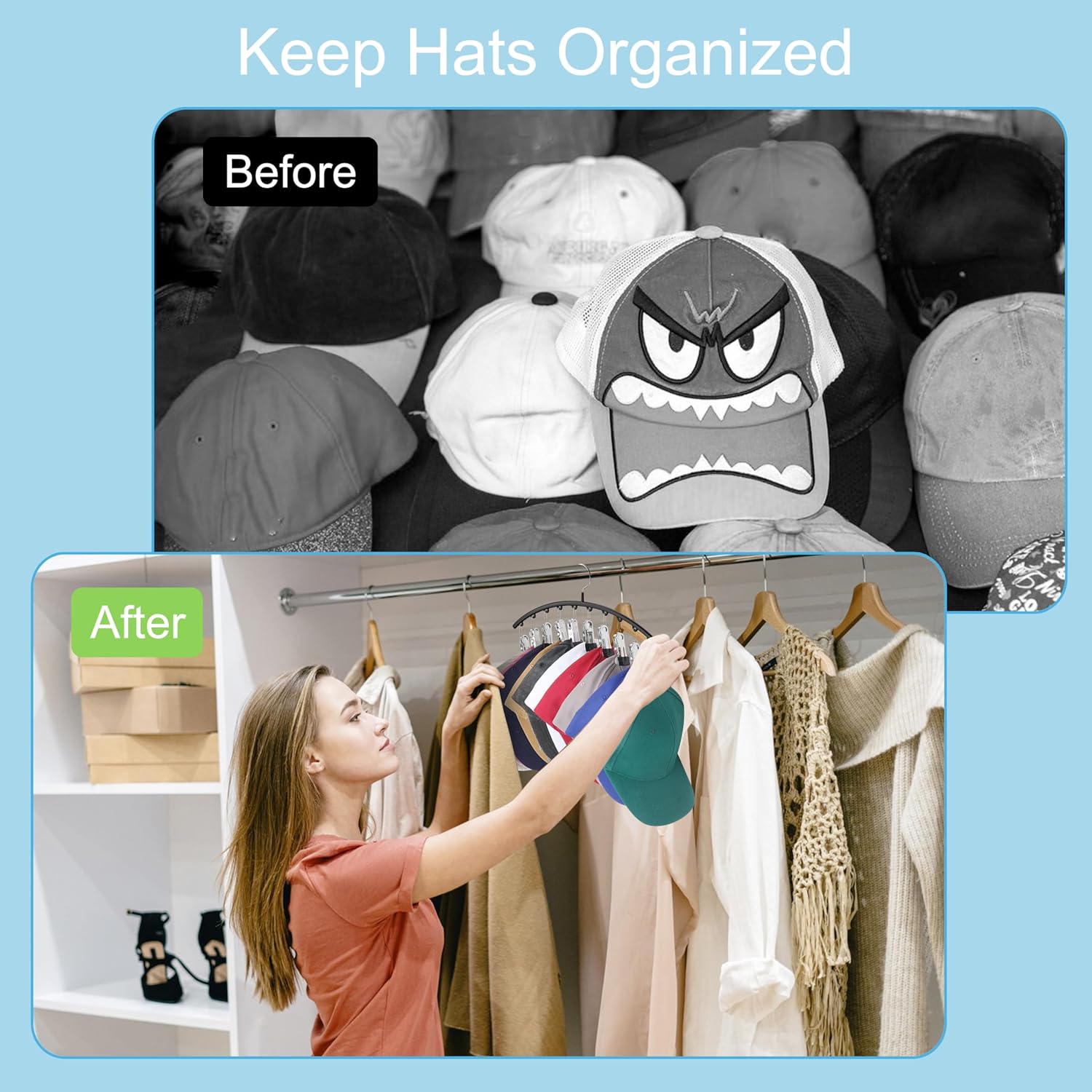 Skiennix Hat Hangers - Metal 2-Pack Hat Organizer with 10 Clips | Black Baseball Cap Holder for Closet