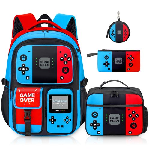 TOWIHUN Gamer Backpack for Boys, 4pcs Gaming Boys Backpack with Lunch Box and Pencil Case for Kids, Video Gamer School Bags