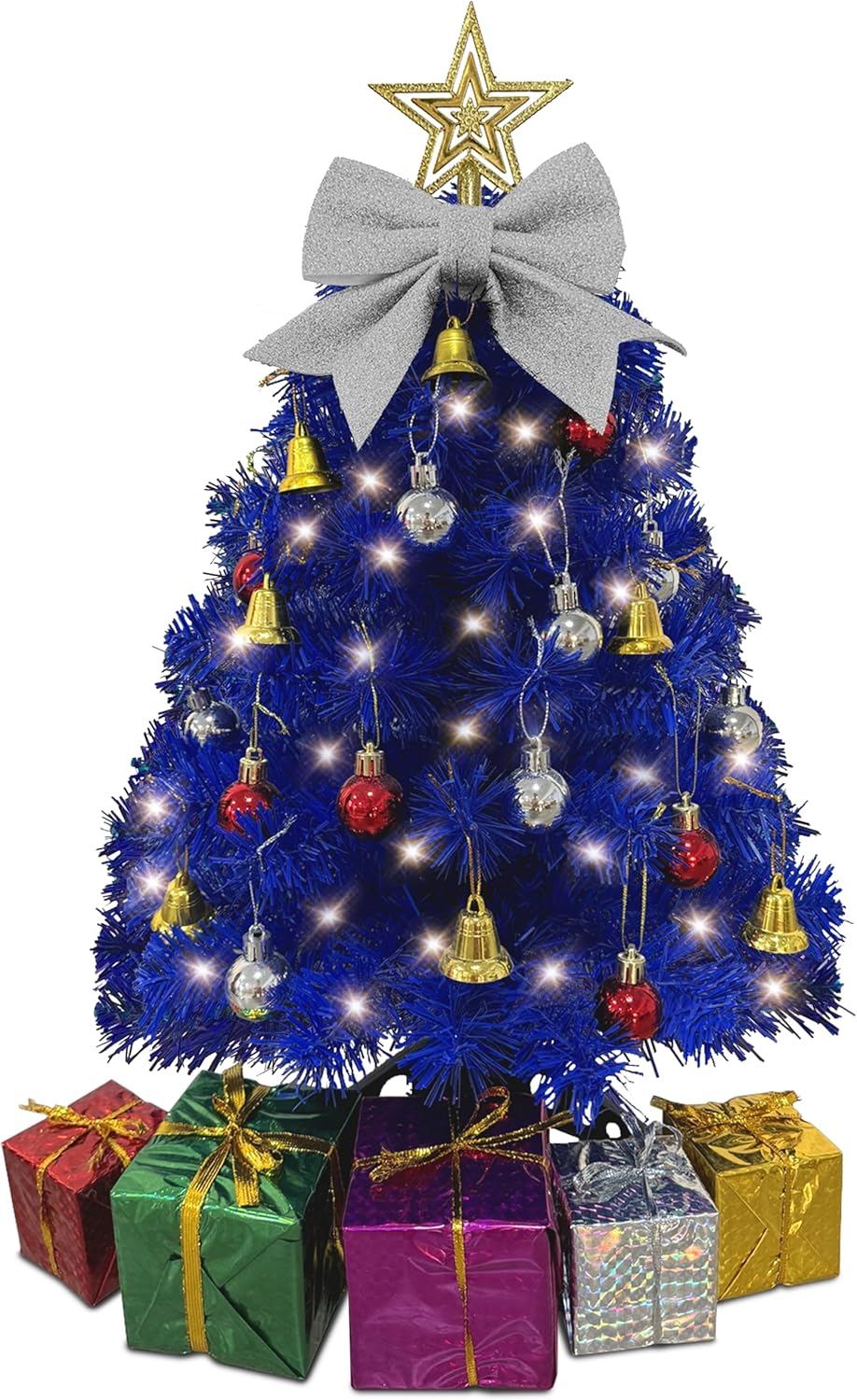 Small Blue Christmas Tree - 23 Inch Mini Tabletop Tree with Warm-White LED Lights & Ornaments