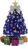 Small Blue Christmas Tree - 23 Inch Mini Tabletop Tree with Warm-White LED Lights & Ornaments