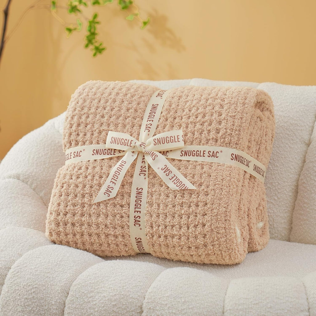 Snuggle Sac Waffle Throw Blanket - Reversible Cozy Microfiber Blanket 50x60 Inches in Beige | Perfect Gift for Women