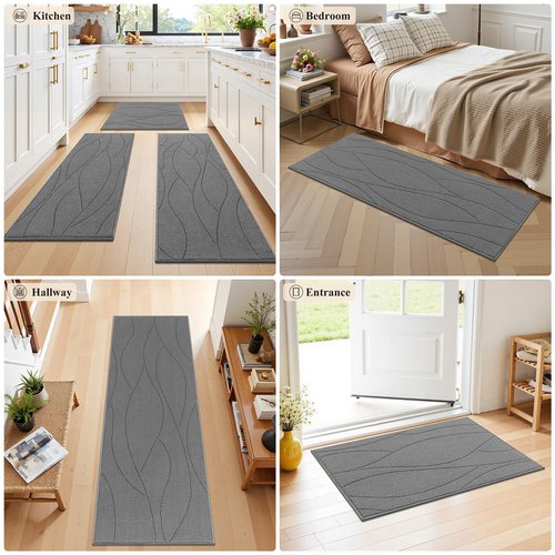 Bsmathom Kitchen Rugs Sets of 3, Non Slip Kitchen Runner, Washable Non Skid Kitchen Rug, Kitchen Floor Mat for Hallway Entryway Laundry Room, Light Gray