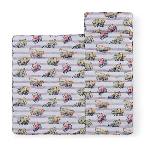 Kids Sleeping Bag Nap Mat with Pillow & Blanket – 3-in-1 Machine Washable Quilted Mat for Kids – Portable with Handles – 20" x 50" for Daycare, Preschool, Travel, & Sleepovers, Construction Trucks