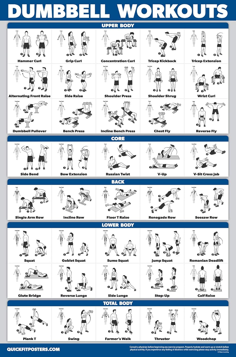 QuickFit Dumbbell Workout Posters - Laminated Exercise Charts Set of 3 (18" x 24") | Bodyweight & Barbell Routines