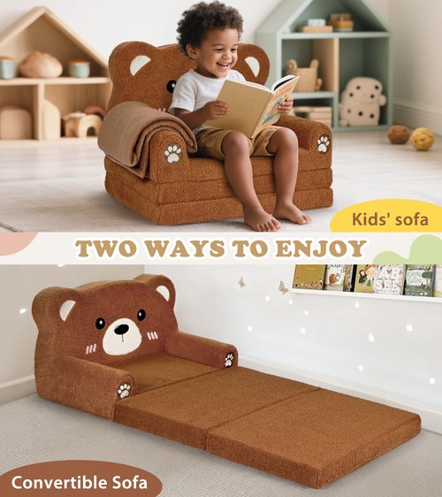 Foryoomi Kids Couch, 2-in-1 Soft Toddler Couch Fold Out with Blanket, Chair Comfy, Foldable Convertible Plush Sofa, Gifts for Kids Girl Boys, Bear