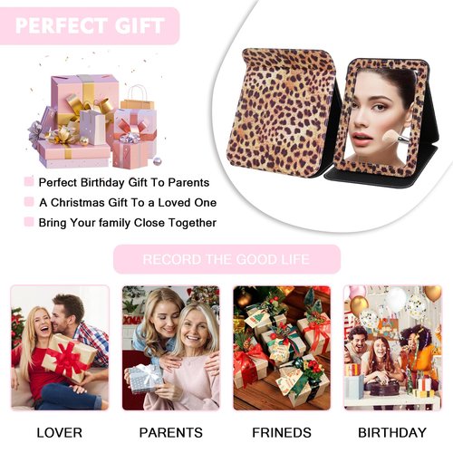 Foldable Travel Makeup Mirror, Portable PU Leather Standing Desk Mirror Rounded Corner, Large Folding Desktop Vanity Mirror with Adjustable Stand for Vanity Table, Office, Camping Leopard Print