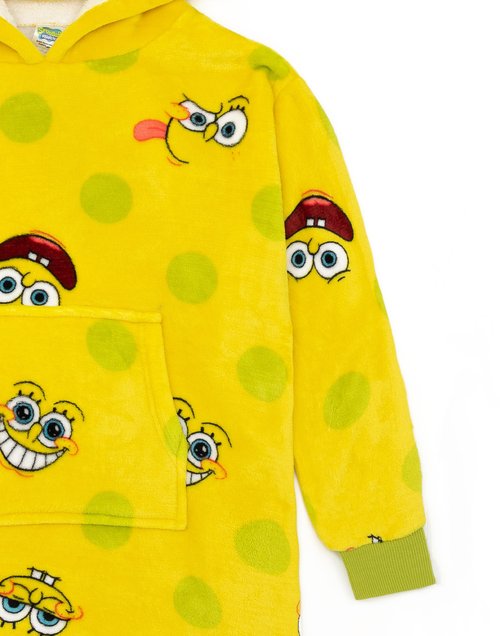 SPONGEBOB SQUAREPANTS Kids Wearable Hooded Blanket | Boys & Girls Yellow All Over Print Fleece Hoodie | Cozy Loungewear