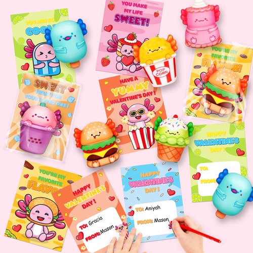Valentines Day Cards for Kids School, 24 Pack Valentines Cards with Axolotl Slow Rising Toys, Valentine's Day Gifts for Kids Classroom Exchange, Valentine Party Favor Classroom Prizes for Boys Girls