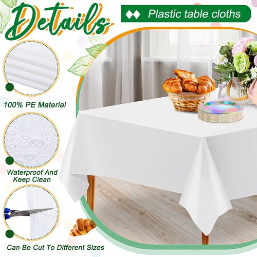 Jecery 30 Pack 60x126 Inch White Rectangle Tablecloth Plastic Table Cloths for 8 Foot Rectangle Tables Waterproof Stainproof Table Cover Bulk for Birthday Wedding Banquet Outdoor Party