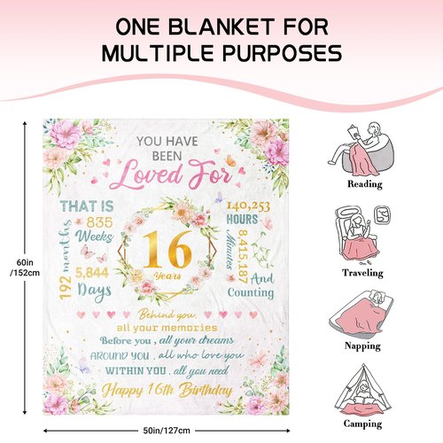 Nucleotech Sweet 16 Gifts for Girls, Gifts for 16 Year Old Girl, 16th Birthday Gift for Girls, Sweet Sixteen Year Old Girl Birthday Gift Idea, Present for 16 Yr Old Throw Blanket 60"x50"