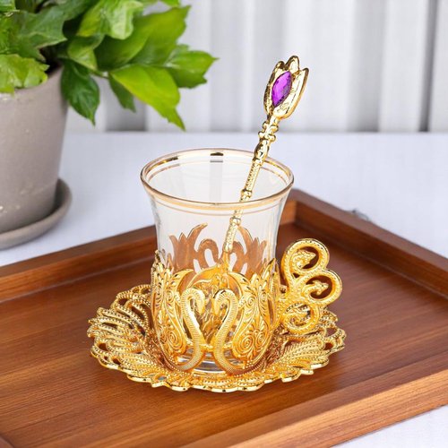 Alisveristime (SET OF 6 Handmade Turkish Tea Water Zamzam Serving Set Glasses Saucer and Spoon (Ottoman) (Gold)
