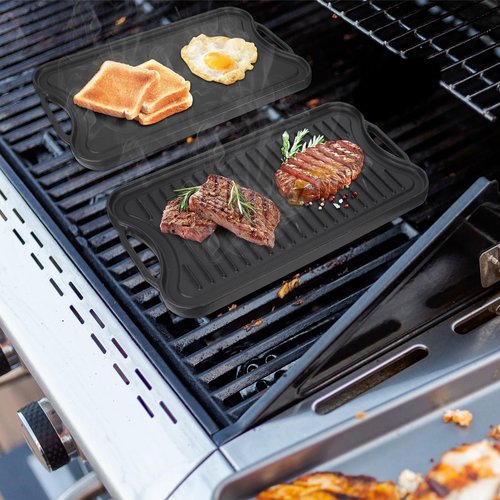 PETKAO Reversible Cast Iron Griddle Plate for Gas Grill, Stovetop Grill Pan for Electric Stove, Pre-Seasoned Grill Griddle Pan for Gas Stove Top 2 Burner, Extra Large Stove Top Grill Plate 20" x 10.5"