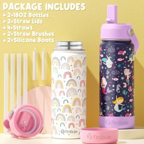 Fimibuke Kids Insulated Water Bottle - 18oz BPA-Free Double Wall Tumbler | Leak-Proof, 2-Pack (Dinosaur/Truck)