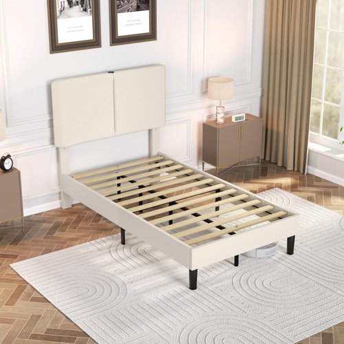VECELO Twin Bed Frame with Type-C & USB Ports, Upholstered Platform Height-Adjustable Cotton and Linen Headboard, No Box Spring Needed, Noise-Free, Easy Assembly, Beige