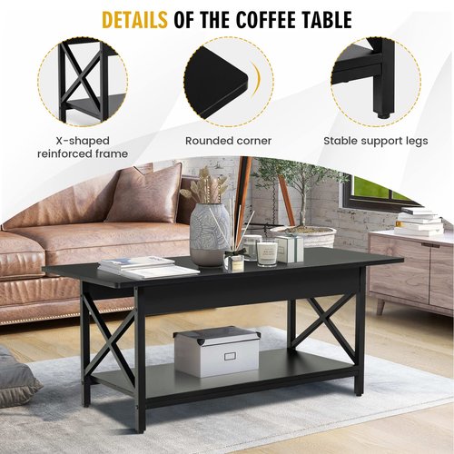 COSTWAY Industrial Coffee Table, 2-Tier Wood Cocktail Tea Table with Storage Shelf and X-Shape Steel Frame, Rectangle Sofa Side Accent Table for Living Room Home Office, Black