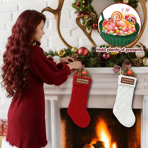 Personalized Christmas Stockings Knitted 4 Pack: Large Knit Christmas Stockings Set of 4, Custom Name with Leather Patches White Red Green Bulk Family Xmas Stocking Hanging Decorations for Home, 18''