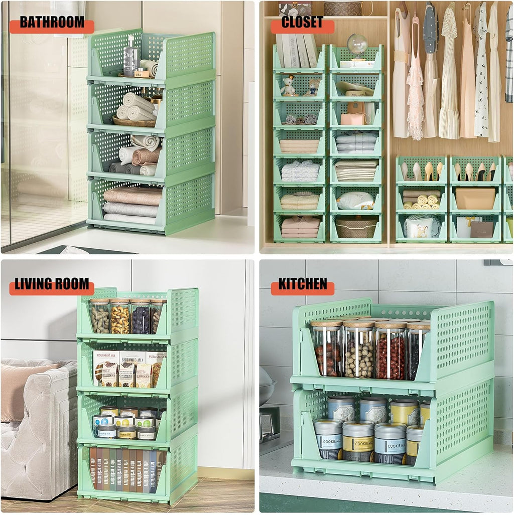 Stackable Plastic Storage Drawers - Closet Organizer with Open Bins for Clothes | 5-Drawer Set in Green