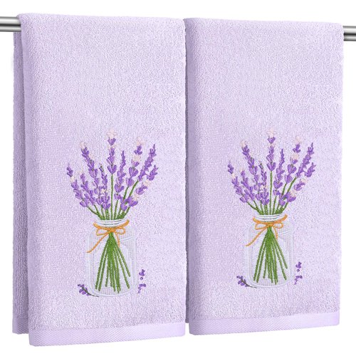 SmoothNovelty 2 Pcs Lavender Hand Towels Purple Bathroom Decor 14x29 Inch Embroidered 100% Cotton Soft Absorbent Spring Summer Decorative Hand Towels for Bathroom Kitchen