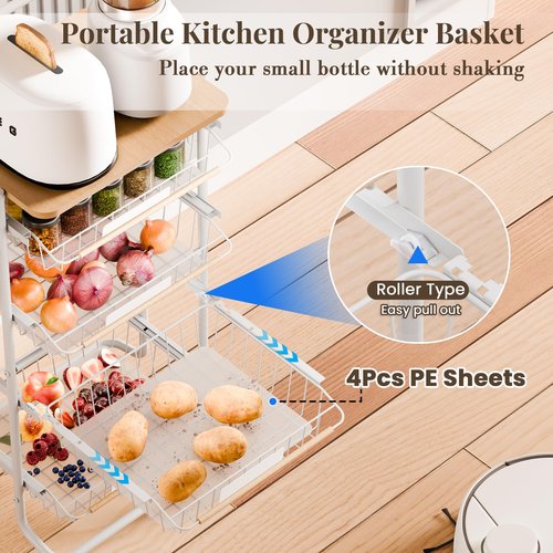 PantryNest Kitchen Organizer Cart with Wheels, 5 Tier Fruit and Vegetable Storage Basket, Rolling Storage Cart for Kitchen, Pantry, Bathroom, Upgraded Design with Slide-Out Shelves, White