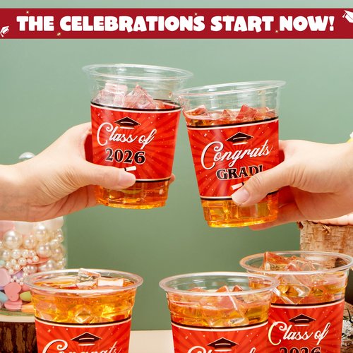 JOYIN 100 Pcs 16oz Graduation Party Plastic Cups (Red), Grad Disposable Cups for Class of 2026 Graduates, PET Cup Tableware Bulk for 2026 High School College Graduation Grad School Party Supply Decor