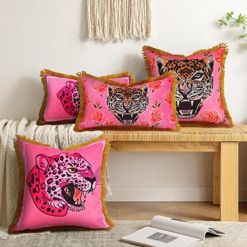 Tiger Floral Velvet Decorative Throw Pillow Cover 20x20 In Pink Pillow Covers Flower Animal Print Tiger Cushion Cover with Tassels Modern Decor Square Pillowcase for Sofa Couch Bedroom Living Room