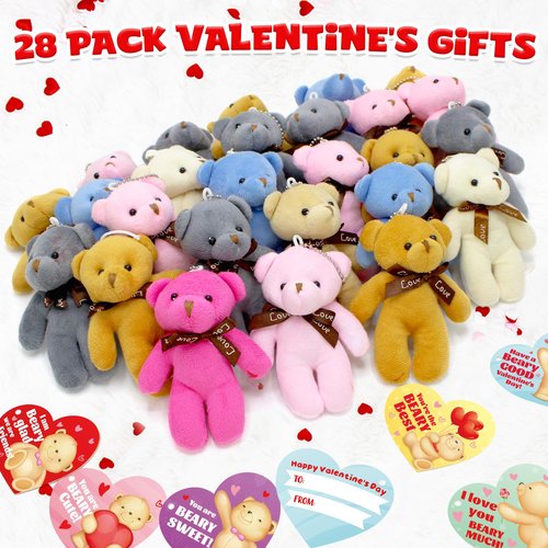 Giaueoa 28 Pack Valentines Day Gifts for Kids with Bears Plush Toy, Valentine's Greeting Cards for Kids Classroom Exchange, Prize Supplies