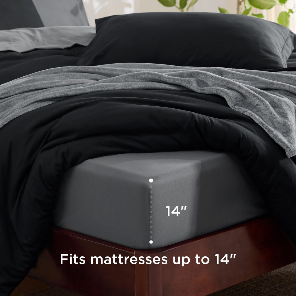 Bedsure Queen Comforter Set Black, 8 Pieces Prewashed Queen Size Bed in a Bag with Soft Fleece Bed Blanket, Down Alternative Bedding Set for All Seasons, Sheets, Pillowcases & Shams