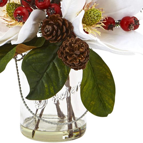 Nearly Natural Magnolia, Pine, and Berry Holiday Arrangement in Glass Vase
