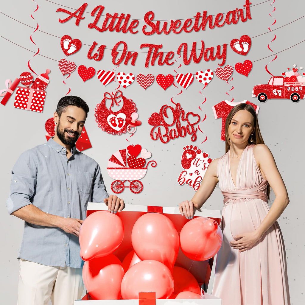 Valentines Baby Shower Decorations, A Little Sweetheart Is On The Way Banner and Red Baby Shower Decorations Hanging Swirls, Sweetheart Decorations for Valentines Day Baby Shower Party