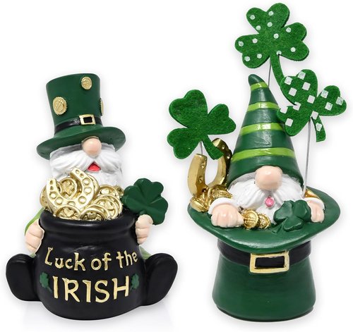 Gift Boutique St. Patrick’s Day Leprechaun Gnome Figurines - Set of 2 Irish Lucky Decor with Gold Pot & Shamrocks