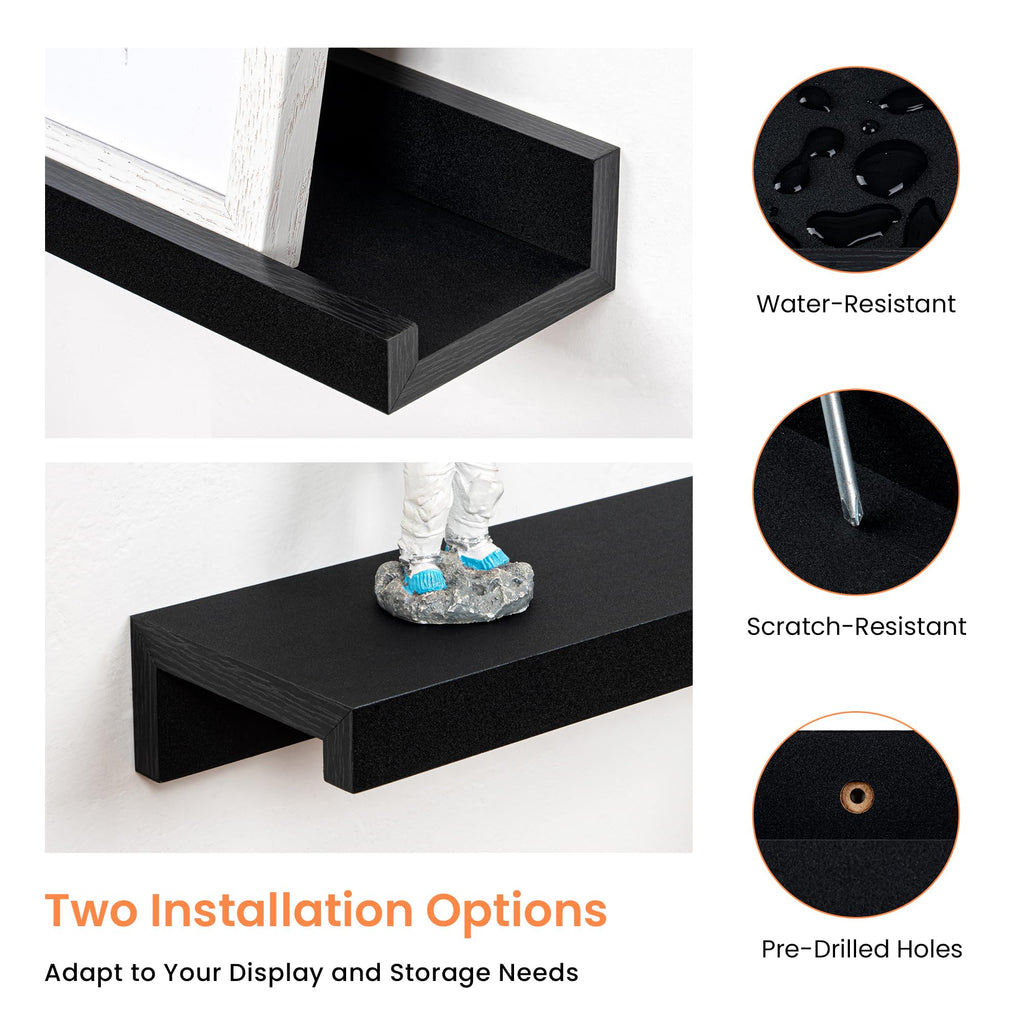 RICHFOCUS Picture Ledge Shelf, 48 inch Floating Shelves Set of 2, Wood Wall Shelves with Lip, Wall Decor Storage for Bedroom Living Room Bathroom Kitchen Nursery Photo Picture, Black