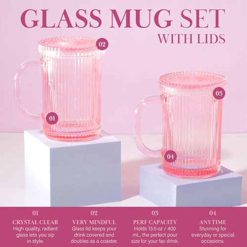 Paris Hilton Ribbed Glass Mug Set with Dual Use Lid/Coaster, Elegant Fluted Glassware, Perfect for Coffee, Tea or any beverage, Set of 2, 13.5-Ounce, Pink