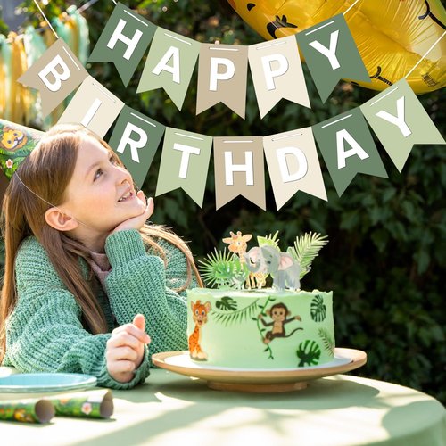 JarThenaAMCS Sage Green Happy Birthday Banner - Ivory Brown Hanging Banner Handmade Party Bunting Garland for Birthday Tea Baby Shower Home Nursery Backdrop Decor