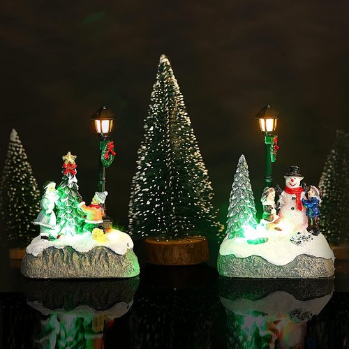 Karenhi Christmas Village Set - 2 Pcs Snowman & Santa Figurines with LED Lights | Rustic Tabletop Decor