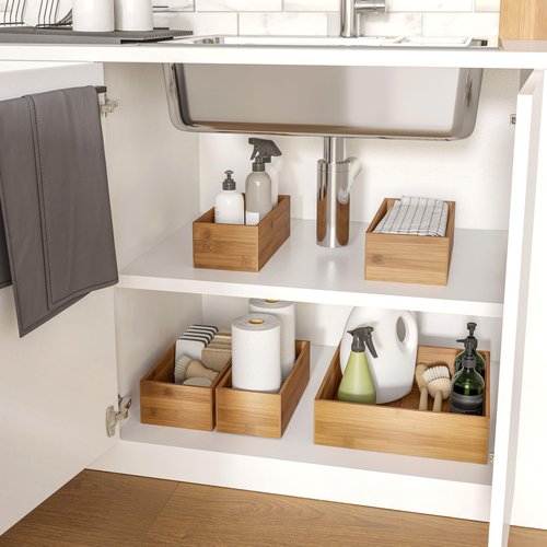 Seville Classics Bamboo Wood Storage Bins Organizer Boxes for Kitchen Counter, Pantry, Closet, Office Bedroom, Makeup, Bathroom, Nursery, K Cup, 5 Piece 3-Size (1 XL, 2L, 2M) Shelf Bin Set, Bamboo